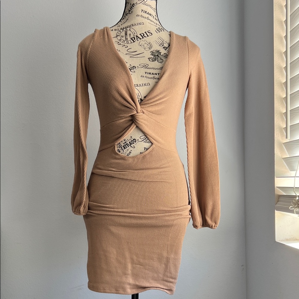 Cut Out Tan Knit Long Sleeve Sweater Dress